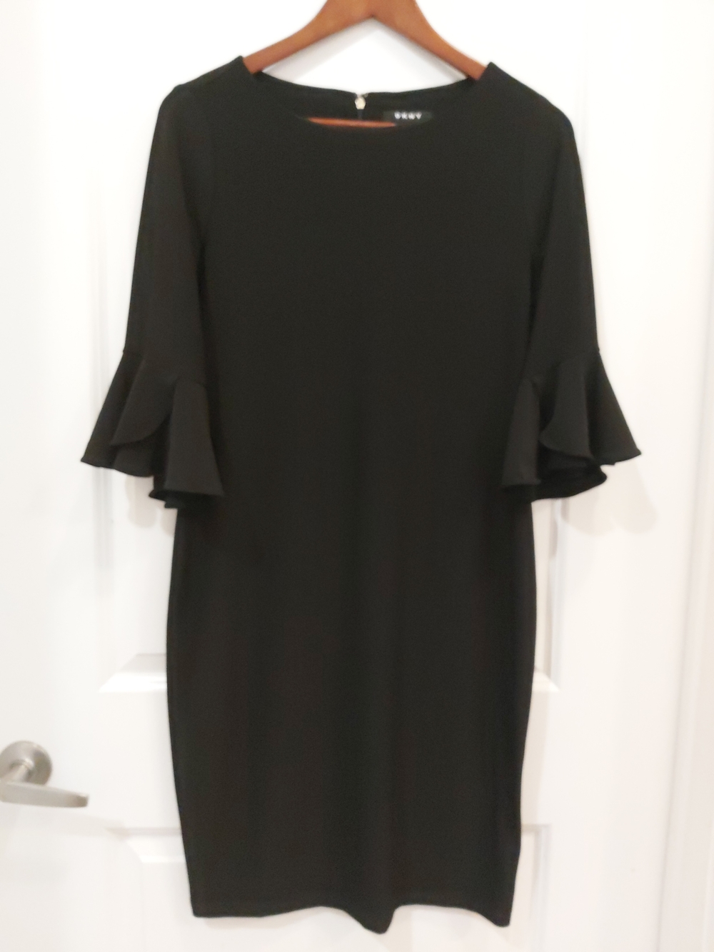 DKNY Black Shift Dress With Ruffle Elbow Sleeve